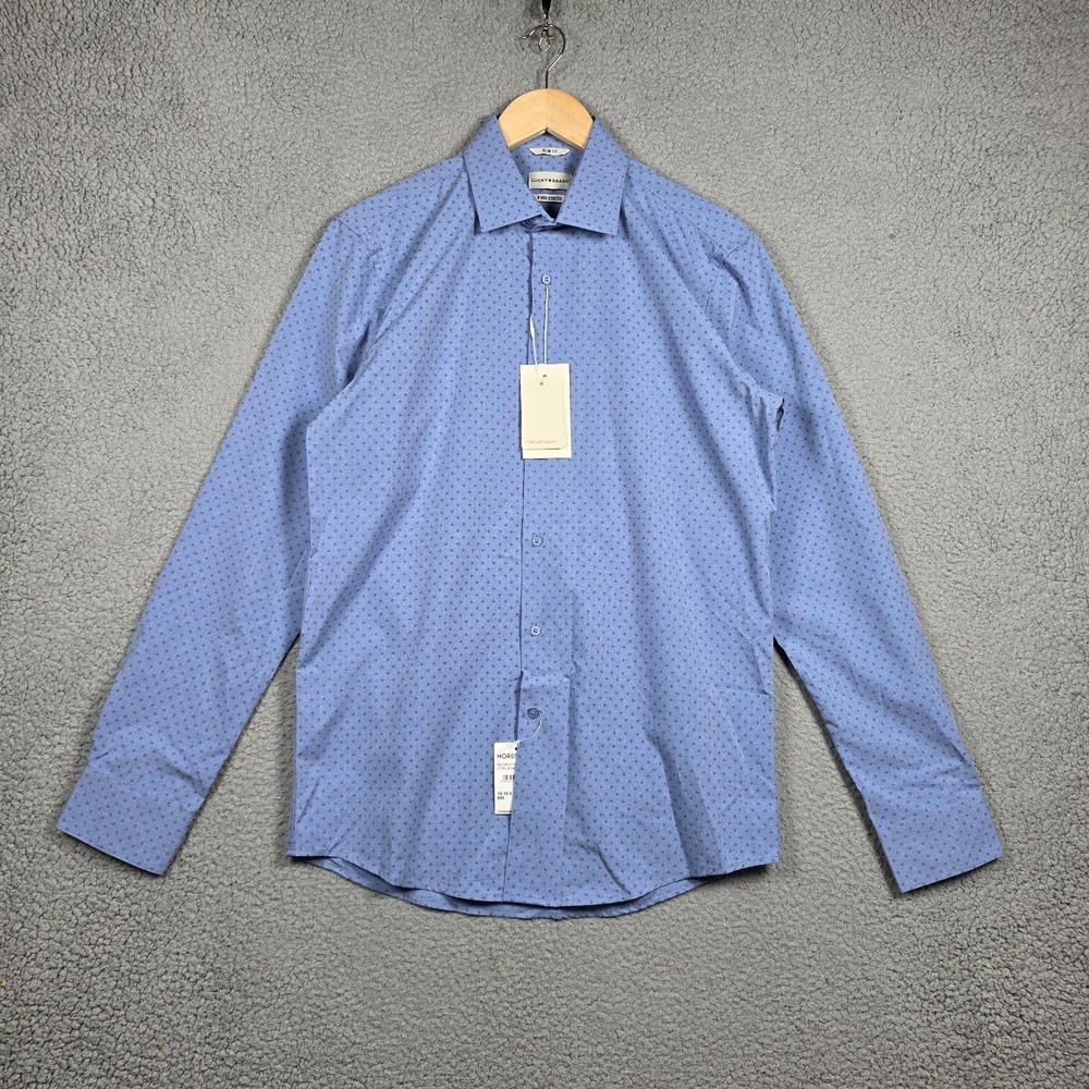 Lucky Brand Shirt Mens Size LT Light Blue/Navy Slim Fit 4 Way Stretch Argyle NEW